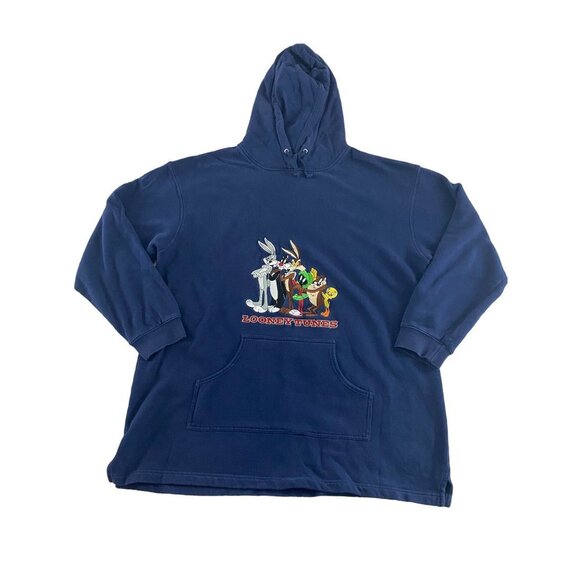 Vintage 90's Warner Brothers Studio Store Looney Tunes Blue Hoodie - XL - Picture 1 of 11